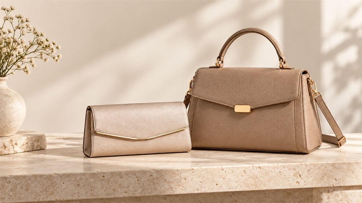Taupe top-handle handbag beside a matching evening purse on a neutral stone surface