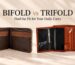 Bifold vs trifold wallet comparison: open dark espresso bifold on the left and cognac trifold on the right.