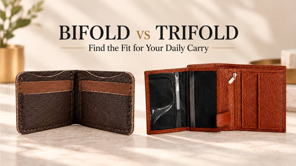Bifold vs trifold wallet comparison: open dark espresso bifold on the left and cognac trifold on the right.